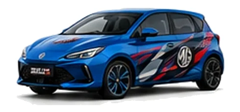 MG3 in Holborn Blue with black, grey, white and red geometric vinyl graphics with an MG side emblem, front three-quarter view on a white background.