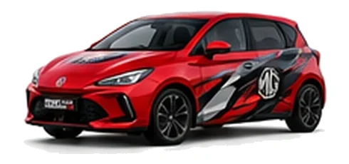 MG3 in Dynamic Red with black, grey, white and red geometric vinyl graphics with an MG side emblem, front three-quarter view on a white background.