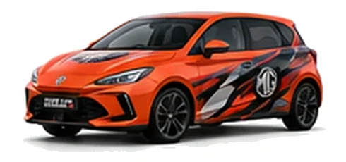MG3 in Volcano Orange with black, grey, white and red geometric vinyl graphics with an MG side emblem, front three-quarter view on a white background.