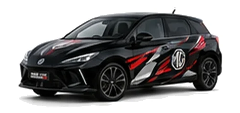 MG4 in Black Pearl with black, grey, white and red geometric vinyl graphics with an MG side emblem, front three-quarter view on a white background.
