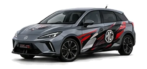 MG4 in Camden Grey with black, grey, white and red geometric vinyl graphics with an MG side emblem, front three-quarter view on a white background.