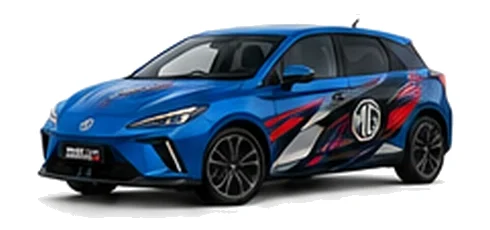 MG4 in Holborn Blue with black, grey, white and red geometric vinyl graphics with an MG side emblem, front three-quarter view on a white background.