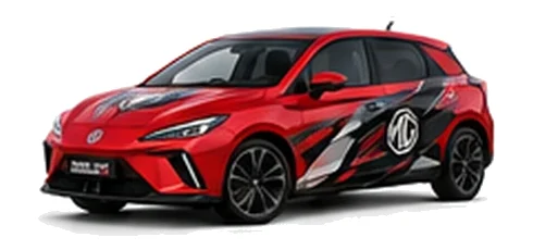 MG4 in Dynamic Red with black, grey, white and red geometric vinyl graphics with an MG side emblem, front three-quarter view on a white background.