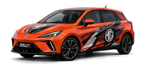 MG4 in Volcano Orange with black, grey, white and red geometric vinyl graphics with an MG side emblem, front three-quarter view on a white background.