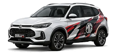 MG ZS in Arctic White with black, grey, white and red geometric vinyl graphics with an MG side emblem, front three-quarter view on a white background.