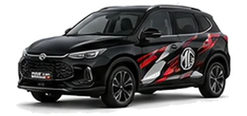 MG ZS in Black Pearl with black, grey, white and red geometric vinyl graphics with an MG side emblem, front three-quarter view on a white background.