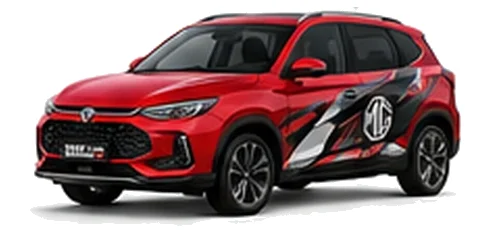 MG ZS in Dynamic Red with black, grey, white and red geometric vinyl graphics with an MG side emblem, front three-quarter view on a white background.