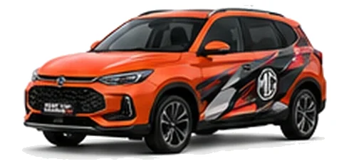 MG ZS in Volcano Orange with black, grey, white and red geometric vinyl graphics with an MG side emblem, front three-quarter view on a white background.