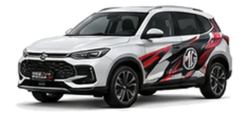 MG ZS Hybrid in Arctic White with black, grey, white and red geometric vinyl graphics with an MG side emblem, front three-quarter view on a white background.