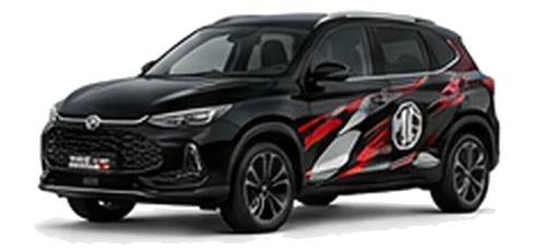 MG ZS Hybrid in Black Pearl with black, grey, white and red geometric vinyl graphics with an MG side emblem, front three-quarter view on a white background.