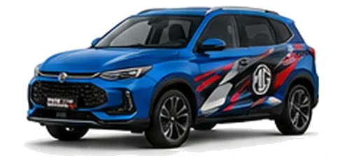 MG ZS Hybrid in Holborn Blue with black, grey, white and red geometric vinyl graphics with an MG side emblem, front three-quarter view on a white background.