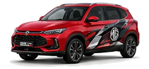 MG ZS Hybrid in Dynamic Red with black, grey, white and red geometric vinyl graphics with an MG side emblem, front three-quarter view on a white background.