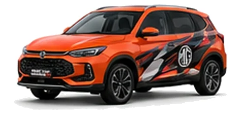 MG ZS Hybrid in Volcano Orange with black, grey, white and red geometric vinyl graphics with an MG side emblem, front three-quarter view on a white background.