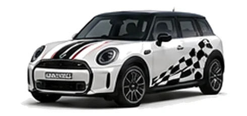 MINI Clubman in Nanuq White with custom vinyl graphics, front three-quarter view.