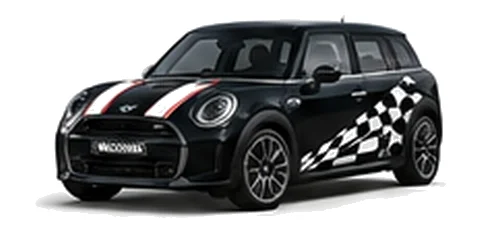 MINI Clubman in Midnight Black with custom vinyl graphics, front three-quarter view.