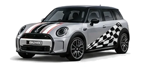 MINI Clubman in Melting Silver with custom vinyl graphics, front three-quarter view.