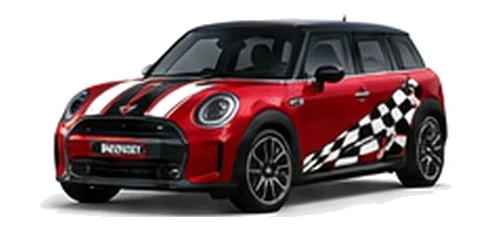 MINI Clubman in Chili Red with custom vinyl graphics, front three-quarter view.