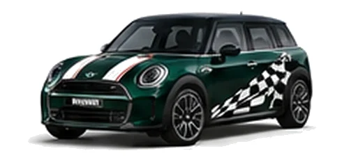 MINI Clubman in British Racing Green with custom vinyl graphics, front three-quarter view.