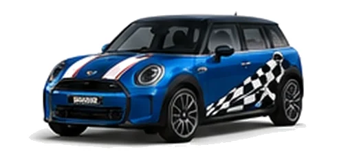 MINI Clubman in Blazing Blue with custom vinyl graphics, front three-quarter view.