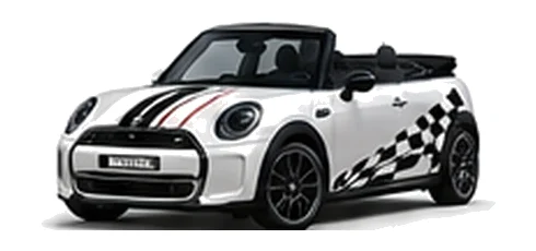 MINI Convertible in Nanuq White with custom vinyl graphics, front three-quarter view.