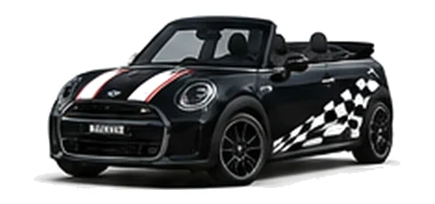 MINI Convertible in Midnight Black with custom vinyl graphics, front three-quarter view.