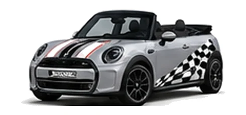 MINI Convertible in Melting Silver with custom vinyl graphics, front three-quarter view.