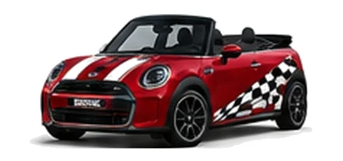 MINI Convertible in Chili Red with custom vinyl graphics, front three-quarter view.
