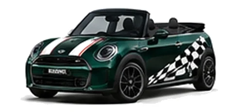 MINI Convertible in British Racing Green with custom vinyl graphics, front three-quarter view.