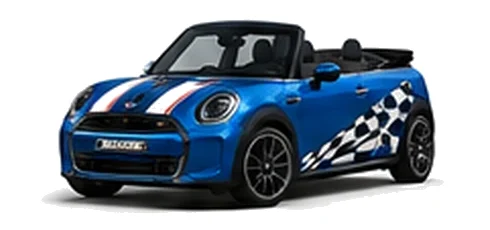 MINI Convertible in Blazing Blue with custom vinyl graphics, front three-quarter view.