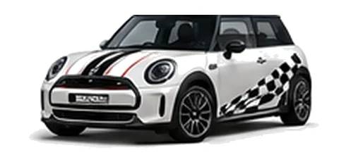 MINI Cooper in Nanuq White with custom vinyl graphics, front three-quarter view.