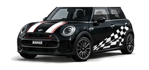 MINI Cooper in Midnight Black with custom vinyl graphics, front three-quarter view.