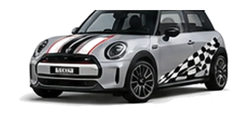 MINI Cooper in Melting Silver with custom vinyl graphics, front three-quarter view.