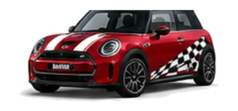 MINI Cooper in Chili Red with custom vinyl graphics, front three-quarter view.