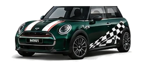 MINI Cooper in British Racing Green with custom vinyl graphics, front three-quarter view.