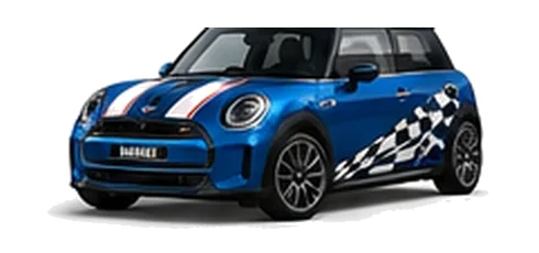 MINI Cooper in Blazing Blue with custom vinyl graphics, front three-quarter view.