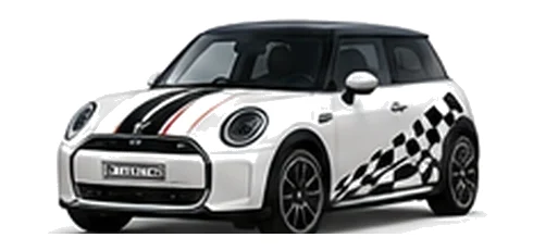 MINI Cooper E in Nanuq White with custom vinyl graphics, front three-quarter view.