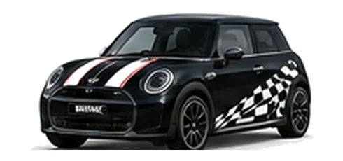 MINI Cooper E in Midnight Black with custom vinyl graphics, front three-quarter view.