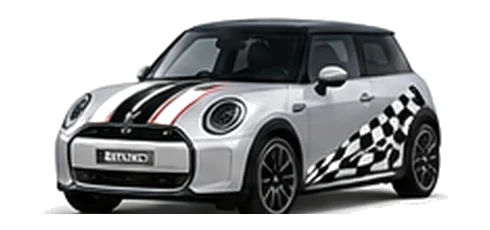 MINI Cooper E in Melting Silver with custom vinyl graphics, front three-quarter view.