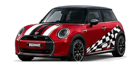 MINI Cooper E in Chili Red with custom vinyl graphics, front three-quarter view.