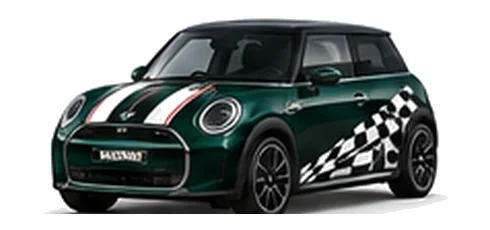 MINI Cooper E in British Racing Green with custom vinyl graphics, front three-quarter view.