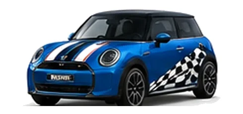 MINI Cooper E in Blazing Blue with custom vinyl graphics, front three-quarter view.