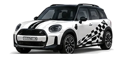 MINI Countryman in Nanuq White with custom vinyl graphics, front three-quarter view.
