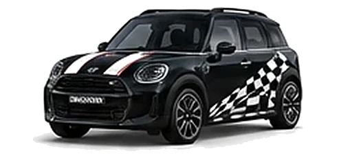 MINI Countryman in Midnight Black with custom vinyl graphics, front three-quarter view.