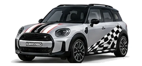 MINI Countryman in Melting Silver with custom vinyl graphics, front three-quarter view.