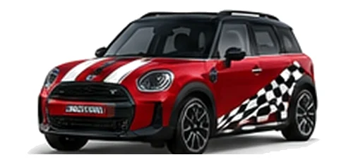 MINI Countryman in Chili Red with custom vinyl graphics, front three-quarter view.
