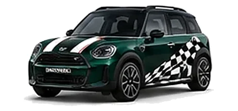 MINI Countryman in British Racing Green with custom vinyl graphics, front three-quarter view.