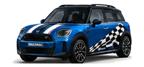 MINI Countryman in Blazing Blue with custom vinyl graphics, front three-quarter view.