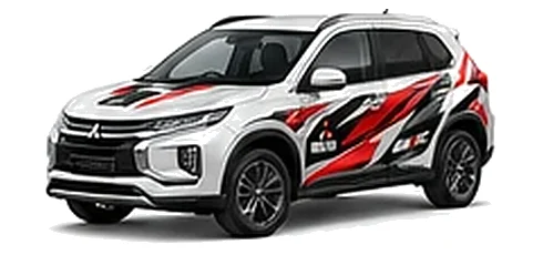 Mitsubishi ASX in Diamond White with custom vinyl graphics, front three-quarter view.