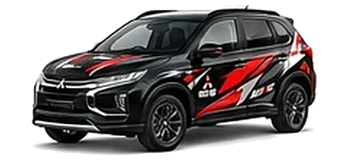 Mitsubishi ASX in Labrador Black with custom vinyl graphics, front three-quarter view.