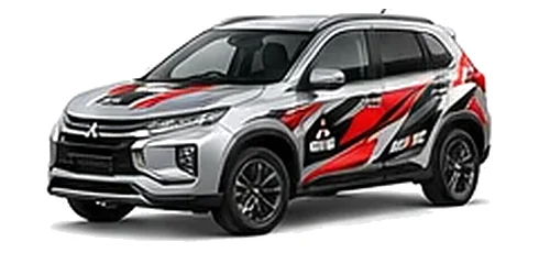 Mitsubishi ASX in Alloy Silver with custom vinyl graphics, front three-quarter view.